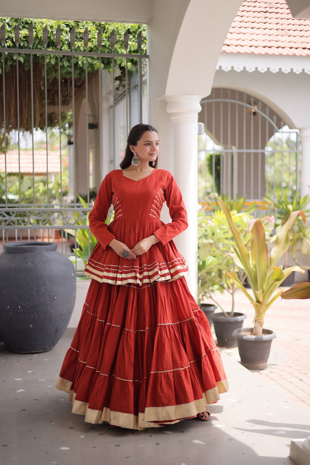 Premium Maroon Tiered lehenga with Golden Zari Border