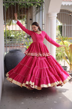 Premium Pink Tiered lehenga with Golden Zari Border