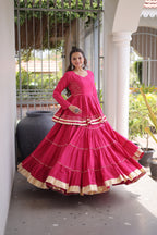 Premium Pink Tiered lehenga with Golden Zari Border