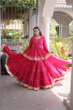 Premium Pink Tiered lehenga with Golden Zari Border