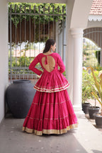Premium Pink Tiered lehenga with Golden Zari Border