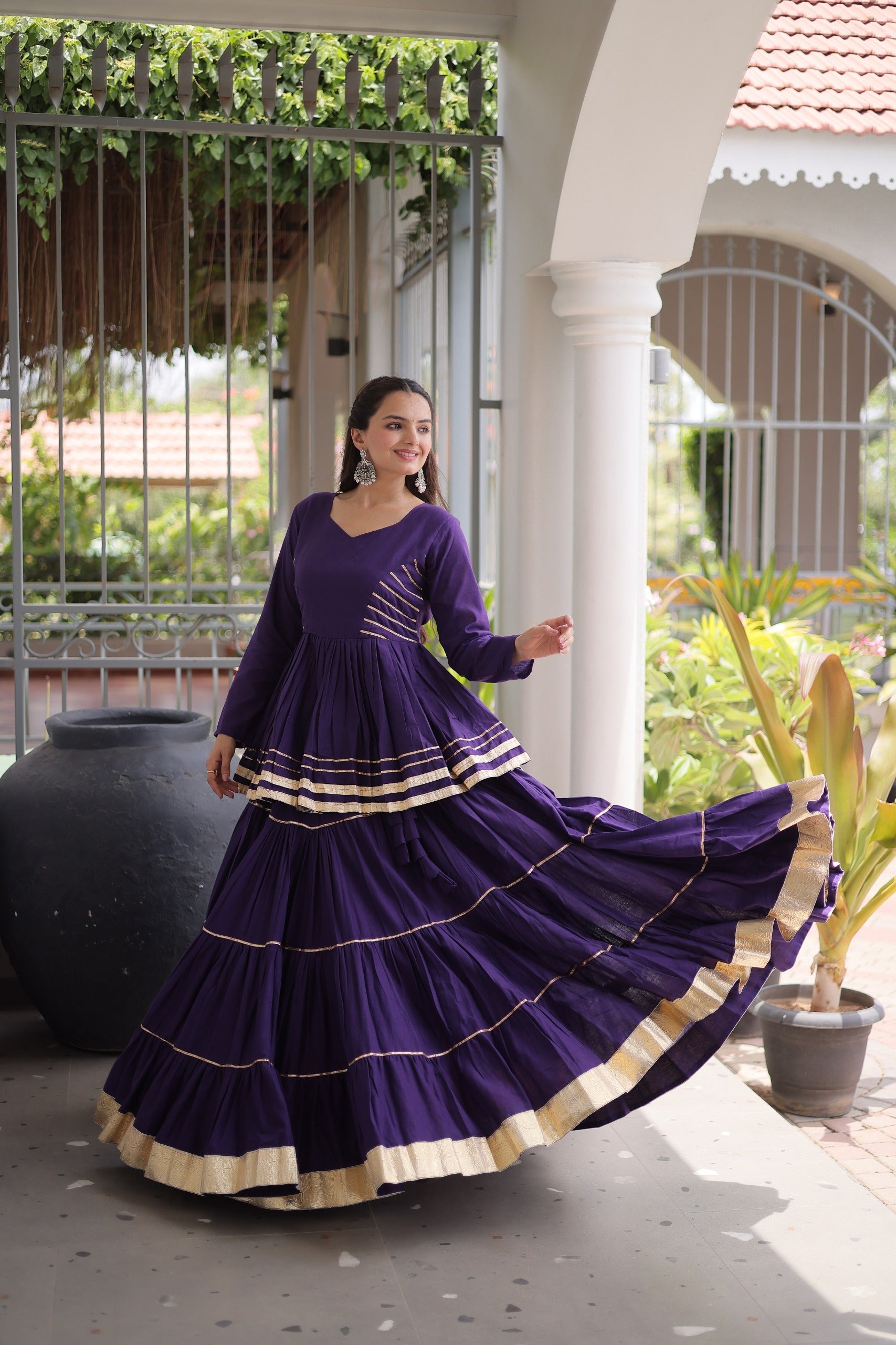 Premium Purple Tiered lehenga with Golden Zari Border