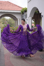 Royal Purple Flared Gown with Mirror Work For Navratri