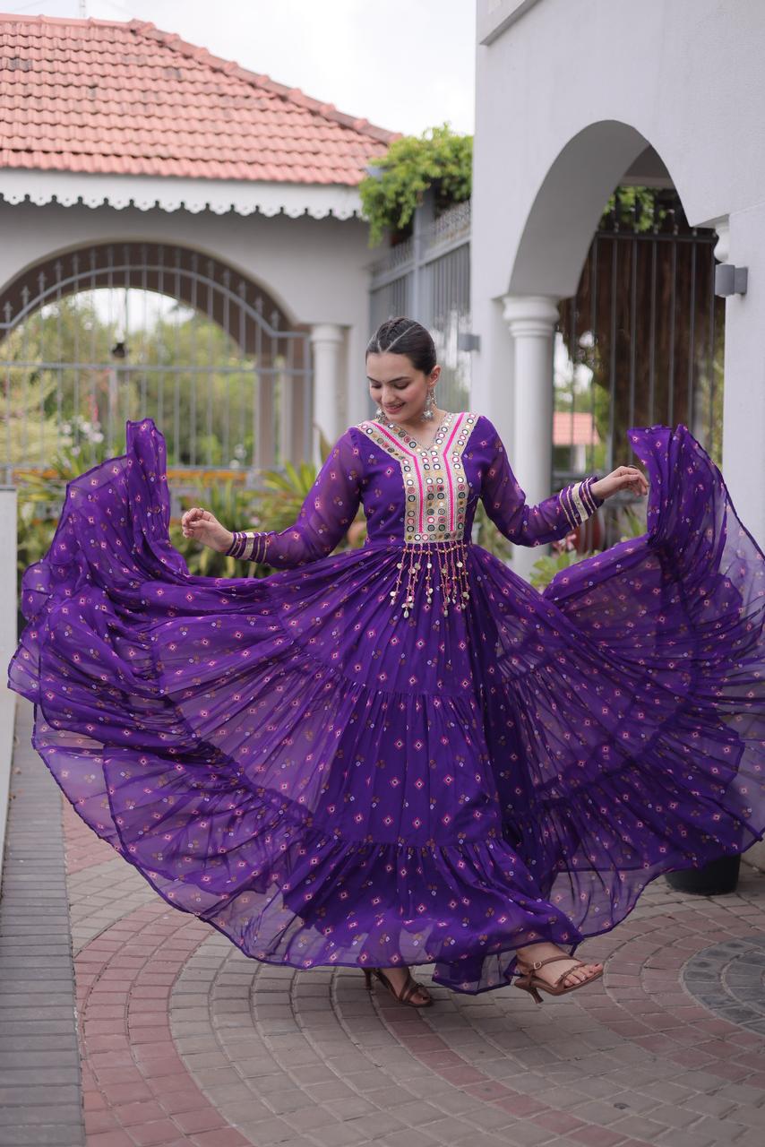Royal Purple Flared Gown with Mirror Work For Navratri