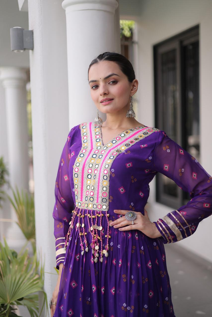 Royal Purple Flared Gown with Mirror Work For Navratri