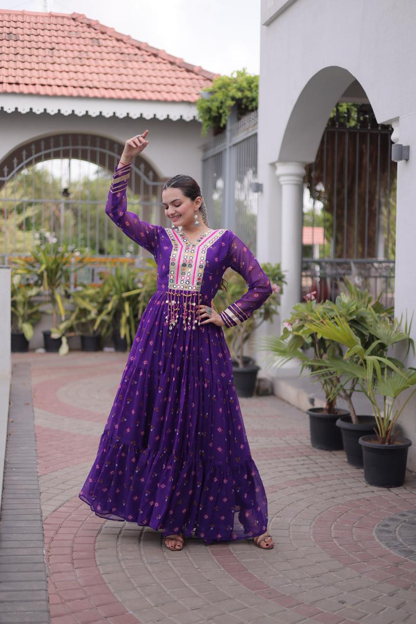 Royal Purple Flared Gown with Mirror Work For Navratri