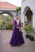 Royal Purple Flared Gown with Mirror Work For Navratri
