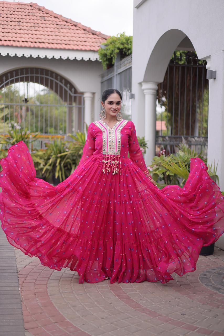 Royal Pink Flared Gown with Mirror Work For Navratri
