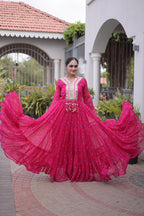 Royal Pink Flared Gown with Mirror Work For Navratri