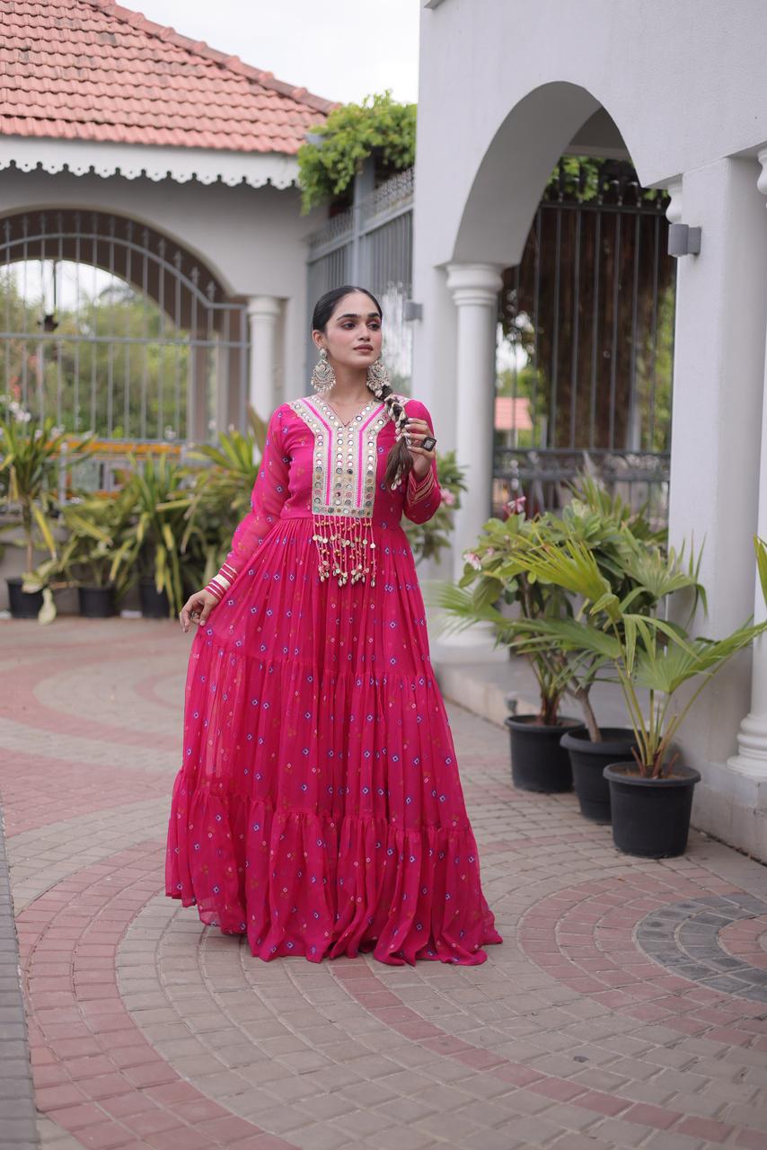 Royal Pink Flared Gown with Mirror Work For Navratri