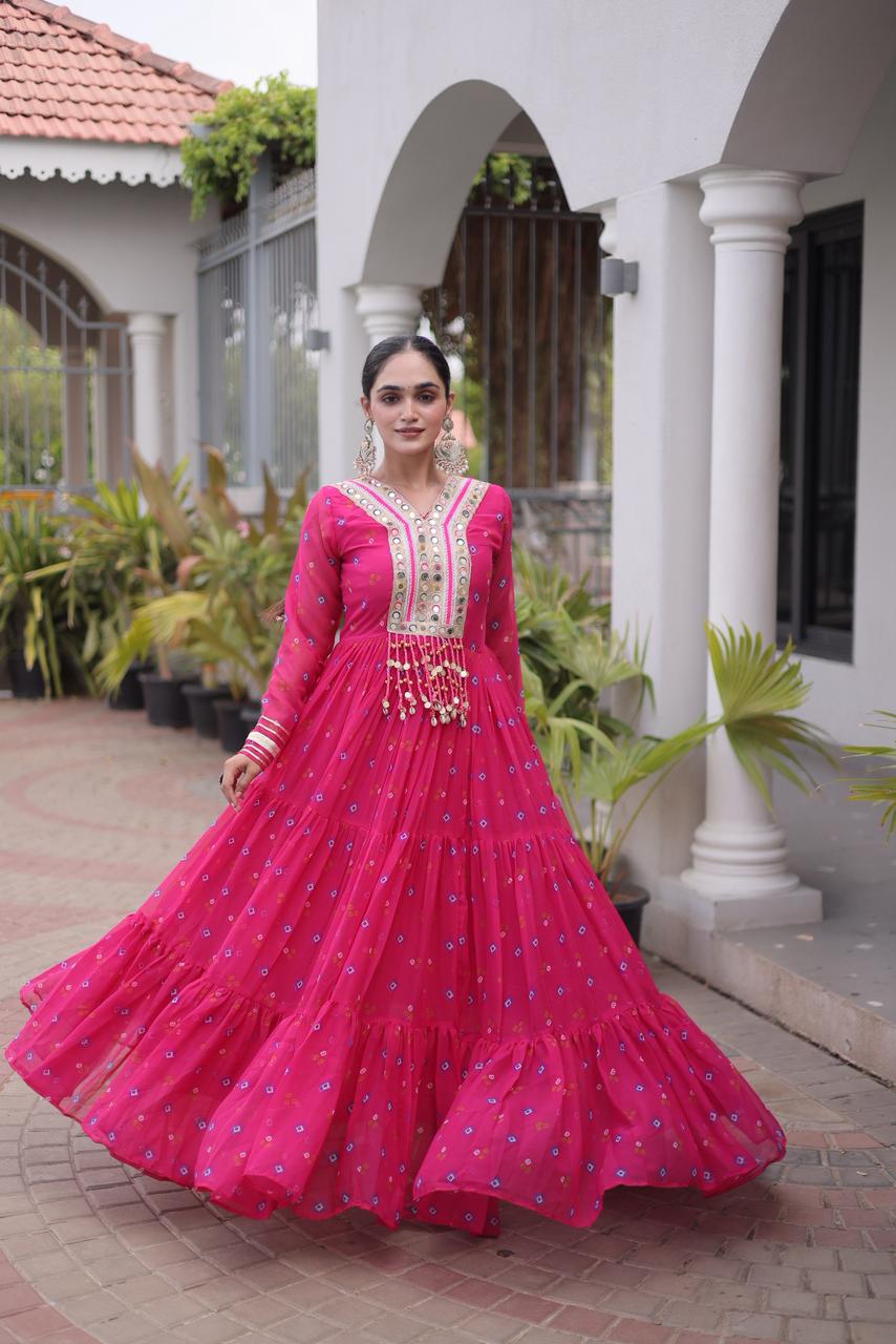 Royal Pink Flared Gown with Mirror Work For Navratri