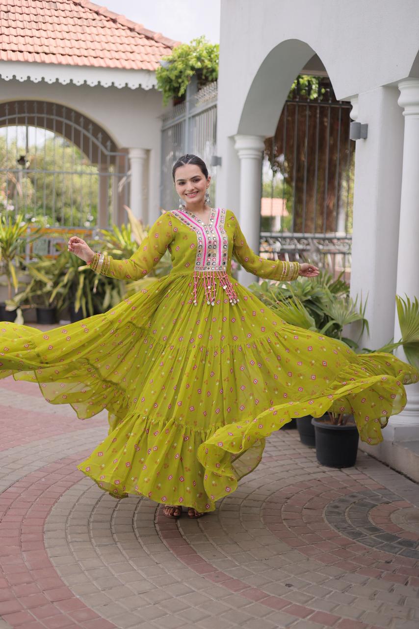 Royal Mehendi Flared Gown with Mirror Work For Navratri