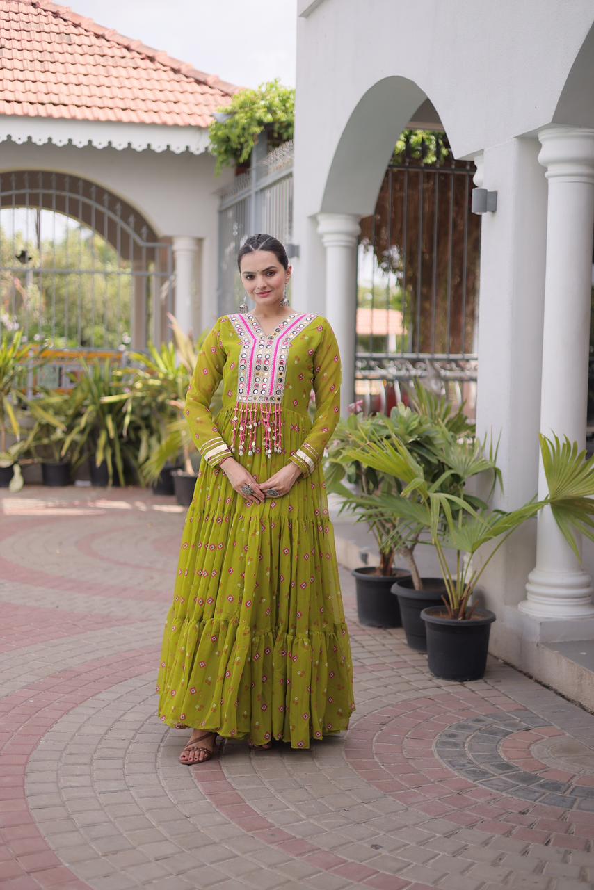Royal Mehendi Flared Gown with Mirror Work For Navratri