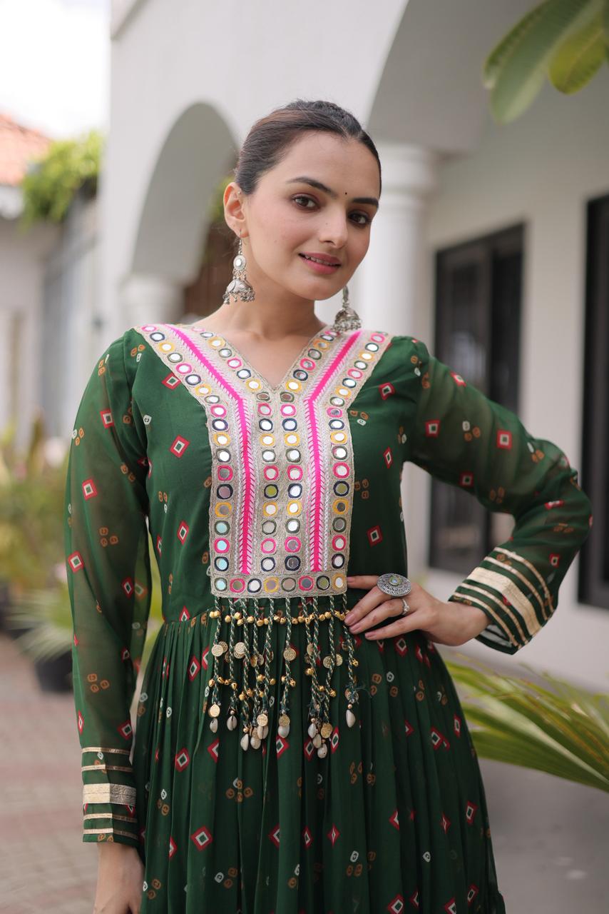 Royal Green Flared Gown with Mirror Work For Navratri