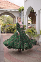 Royal Green Flared Gown with Mirror Work For Navratri