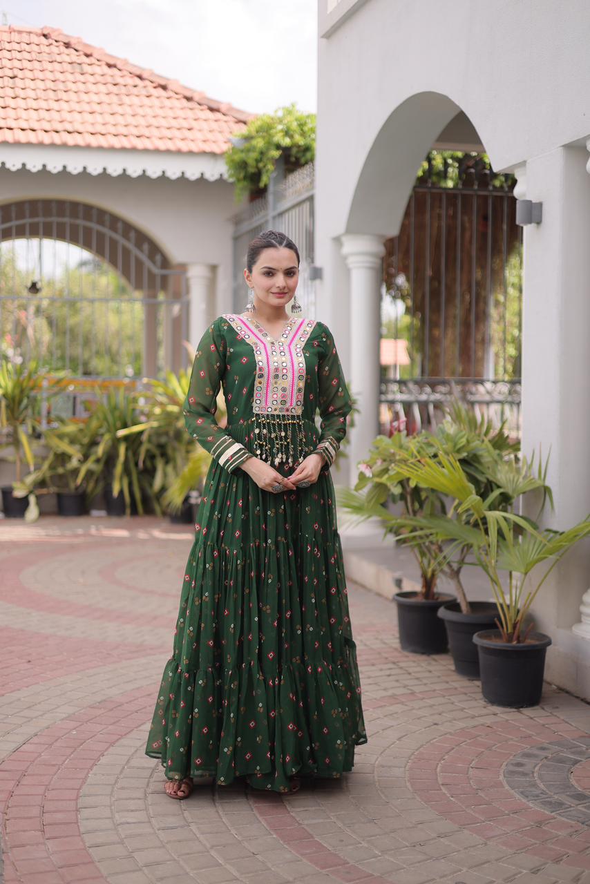 Royal Green Flared Gown with Mirror Work For Navratri