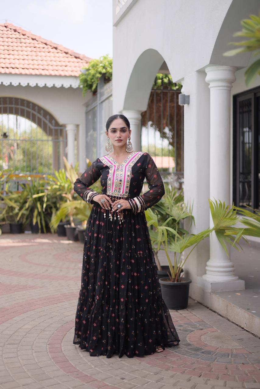 Royal Black Flared Gown with Mirror Work For Navratri