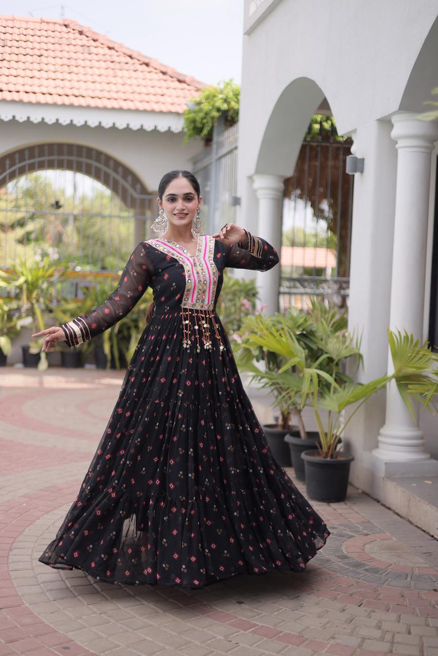 Royal Black Flared Gown with Mirror Work For Navratri