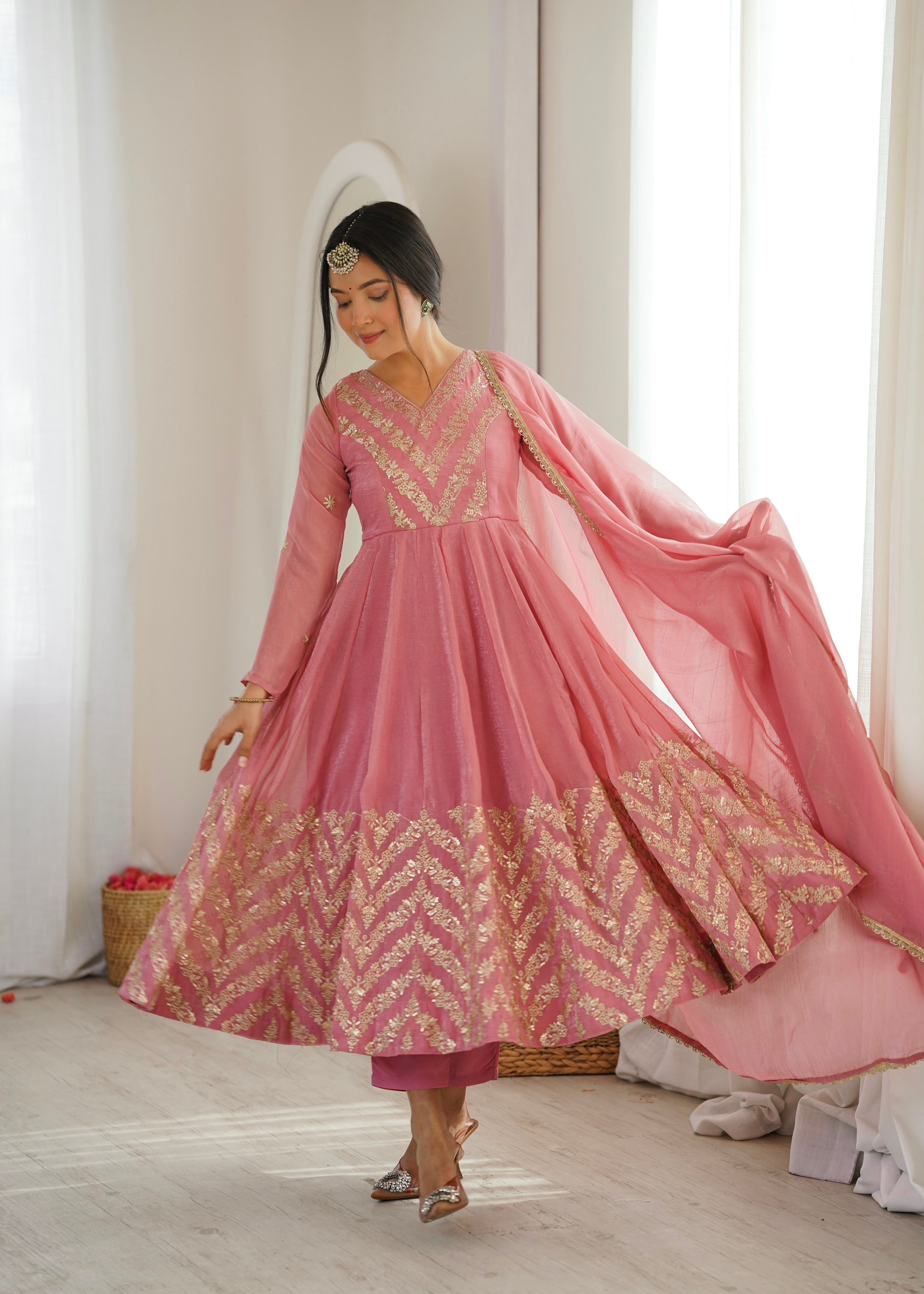 Rose Pink Designer Anarkali Kurta Set with Dupatta |