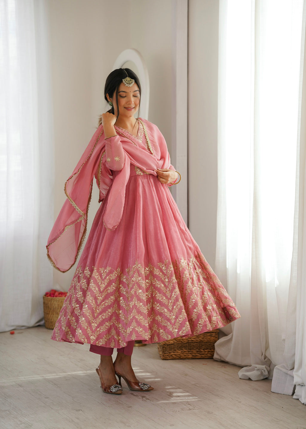 Rose Pink Designer Anarkali Kurta Set with Dupatta |