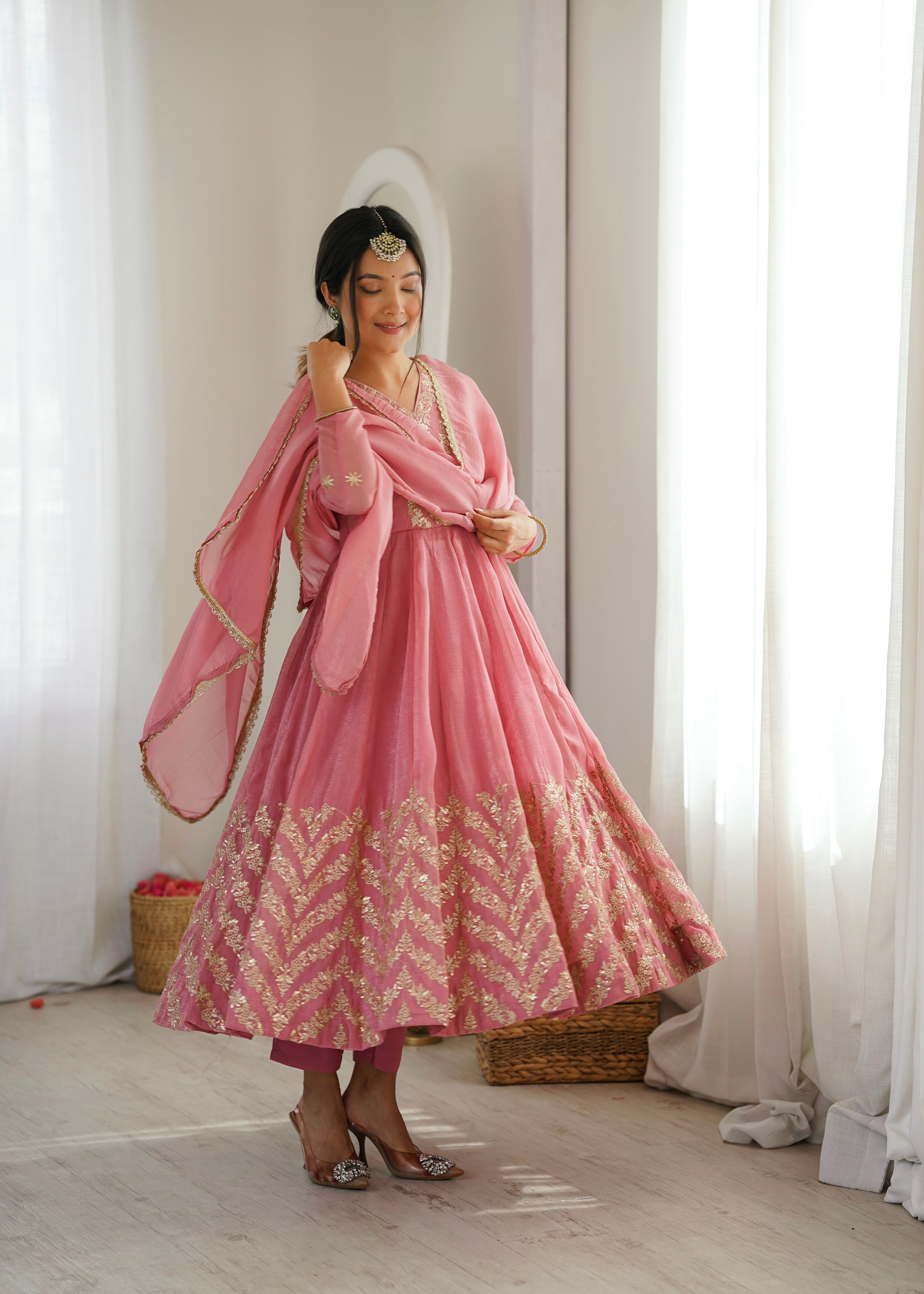 Rose Pink Designer Anarkali Kurta Set with Dupatta |
