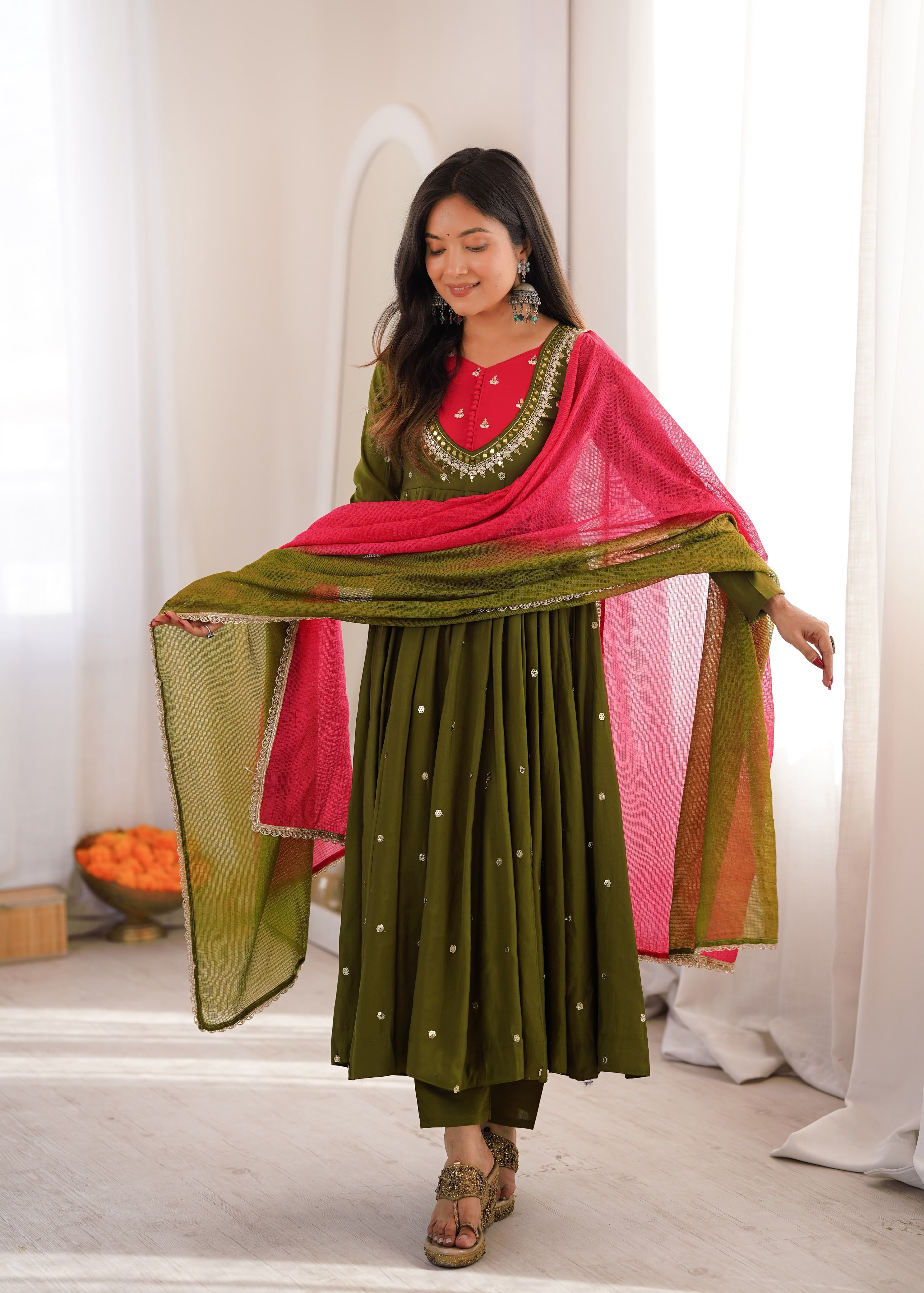 Mehendi Roman Silk Embroidery Work Suit Set