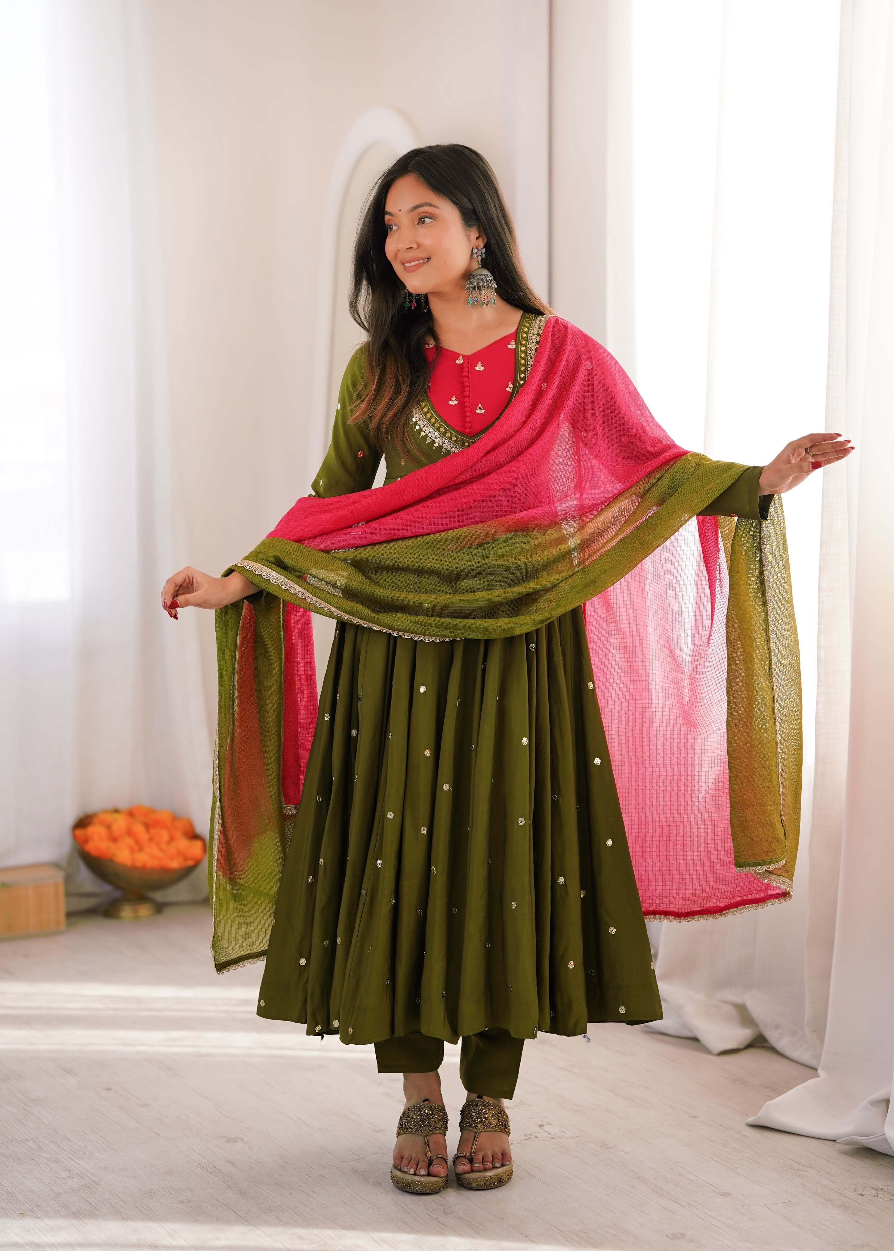Mehendi Roman Silk Embroidery Work Suit Set