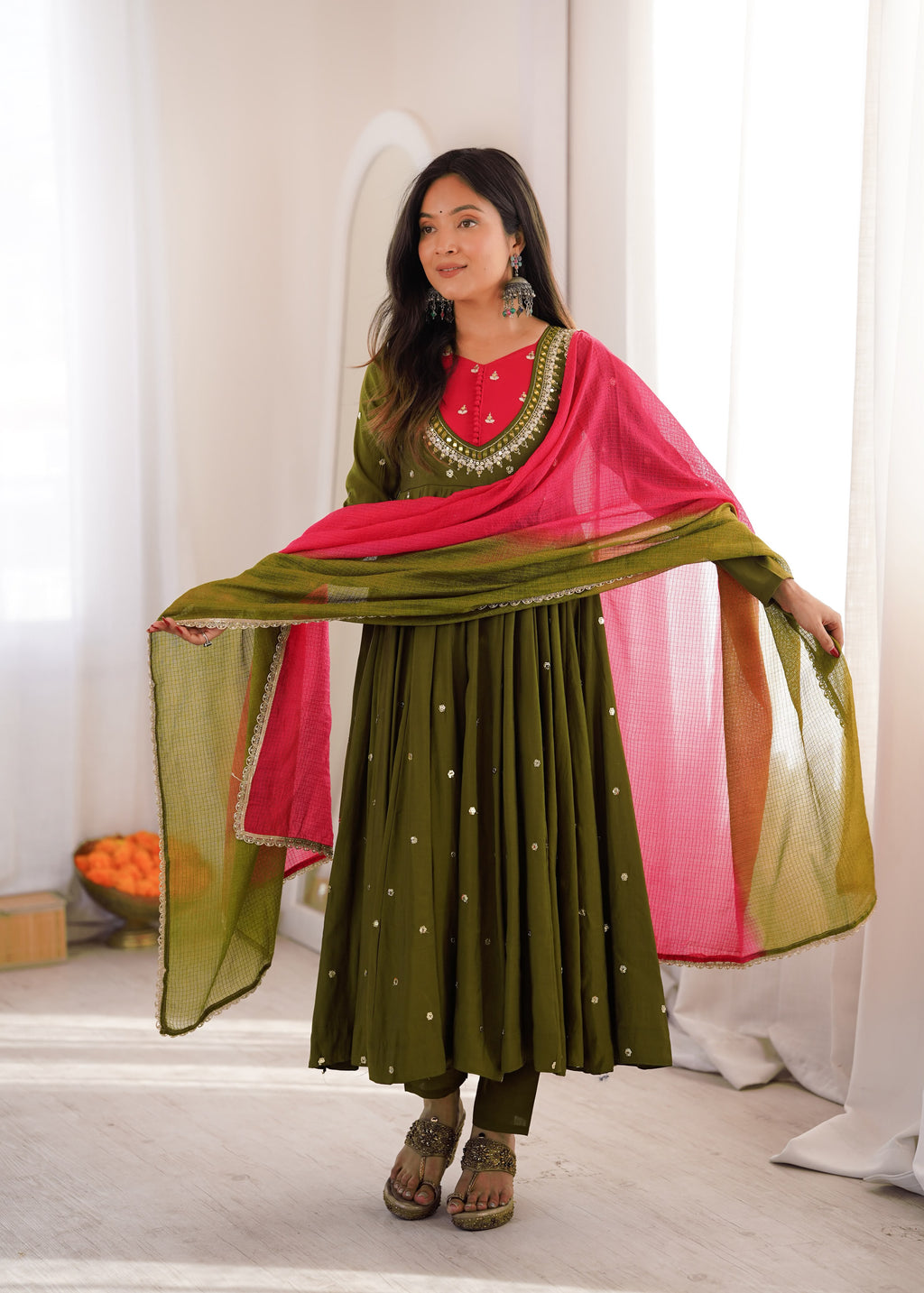 Green Roman Silk Embroidery Work Suit Set