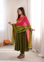Green Roman Silk Embroidery Work Suit Set