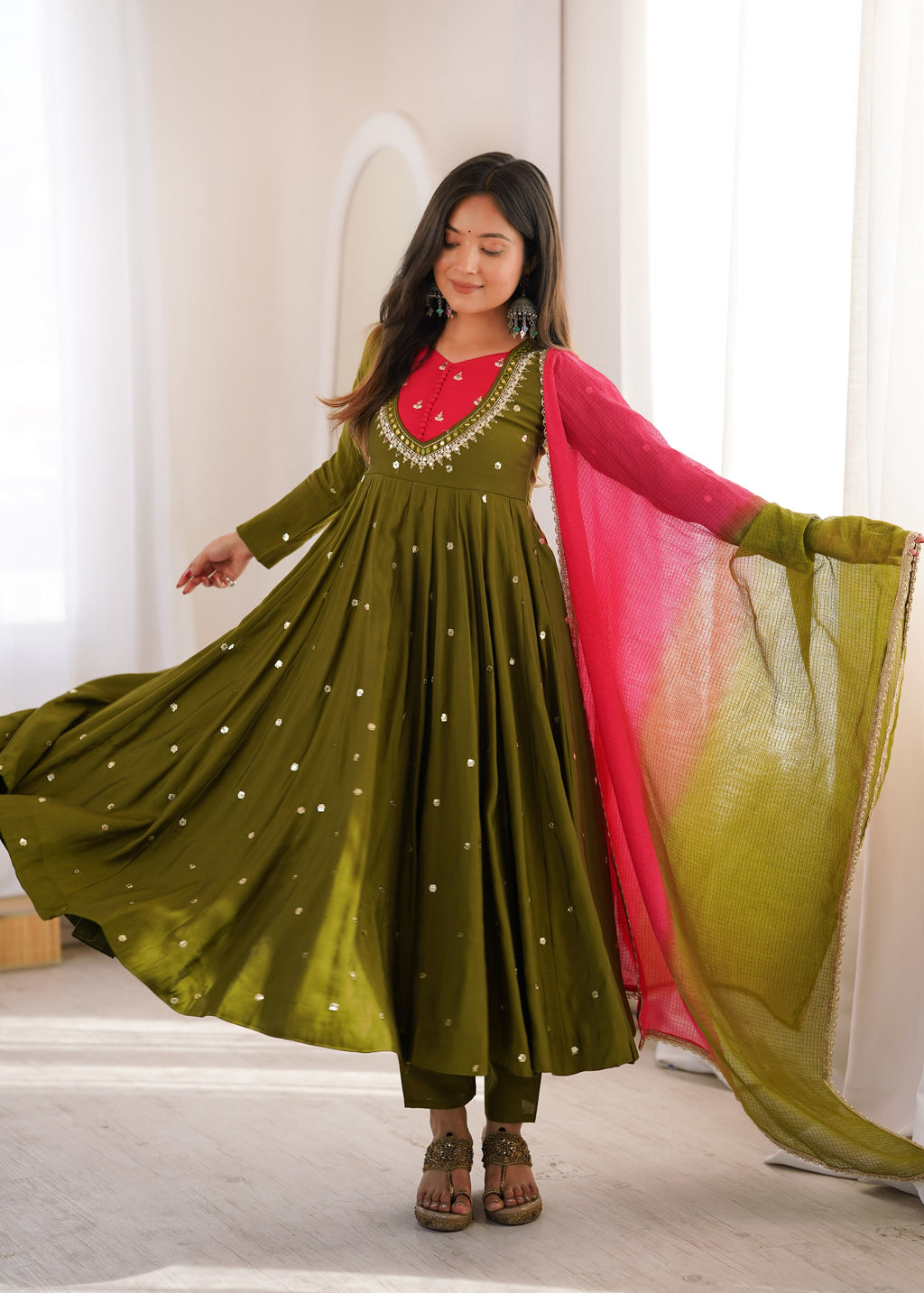 Green Roman Silk Embroidery Work Suit Set