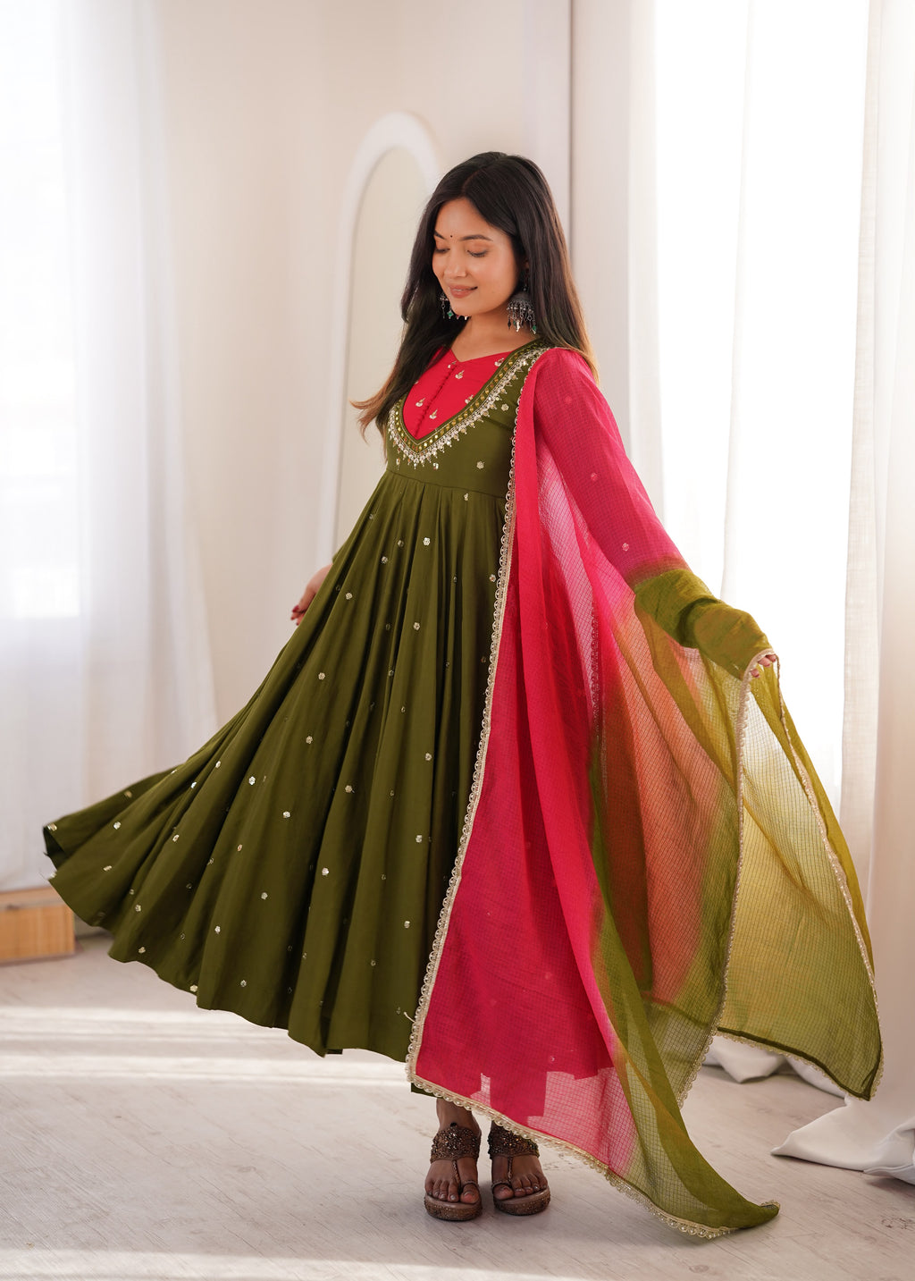 Mehendi Roman Silk Embroidery Work Suit Set