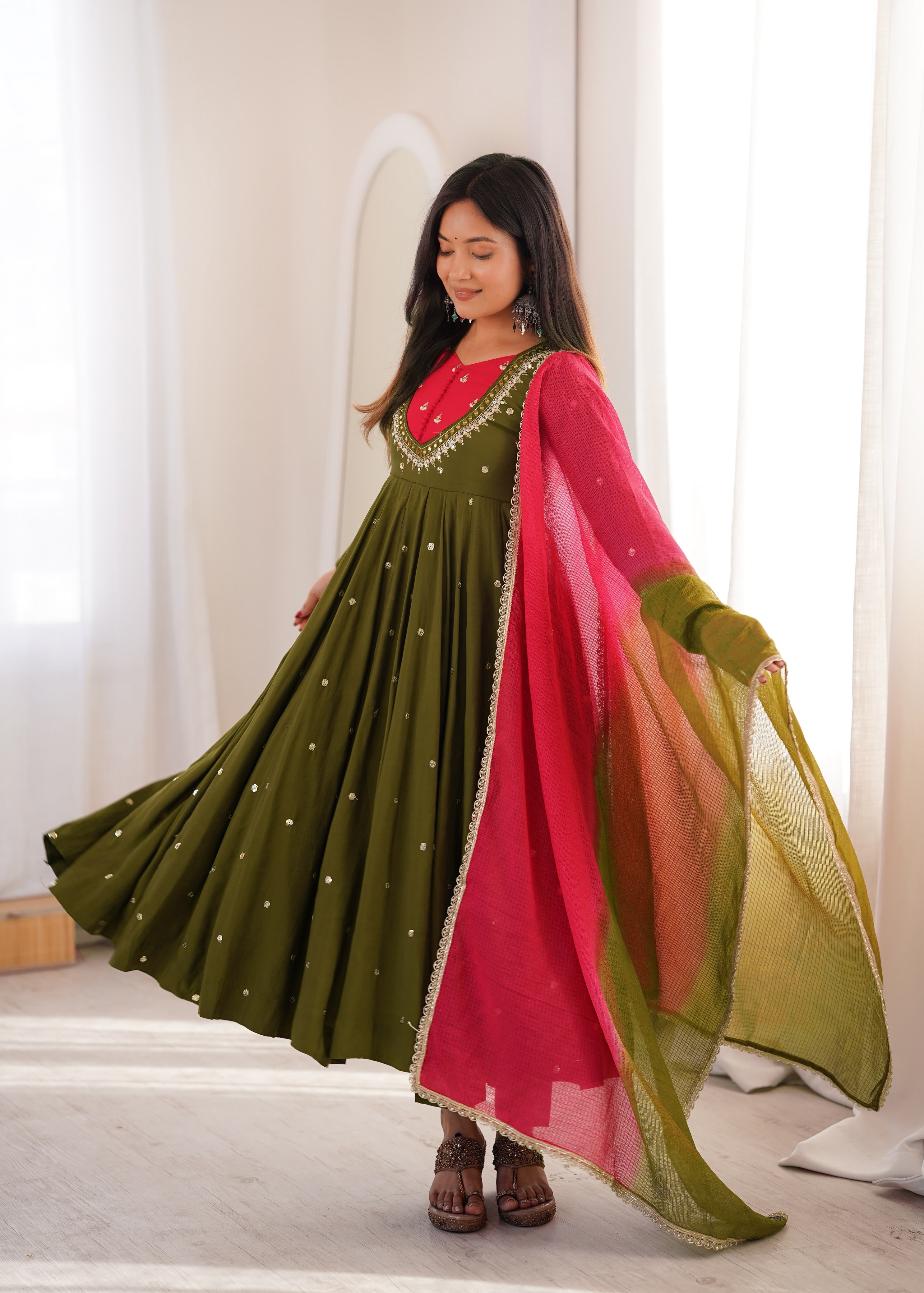 Mehendi Roman Silk Embroidery Work Suit Set
