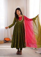Green Roman Silk Embroidery Work Suit Set