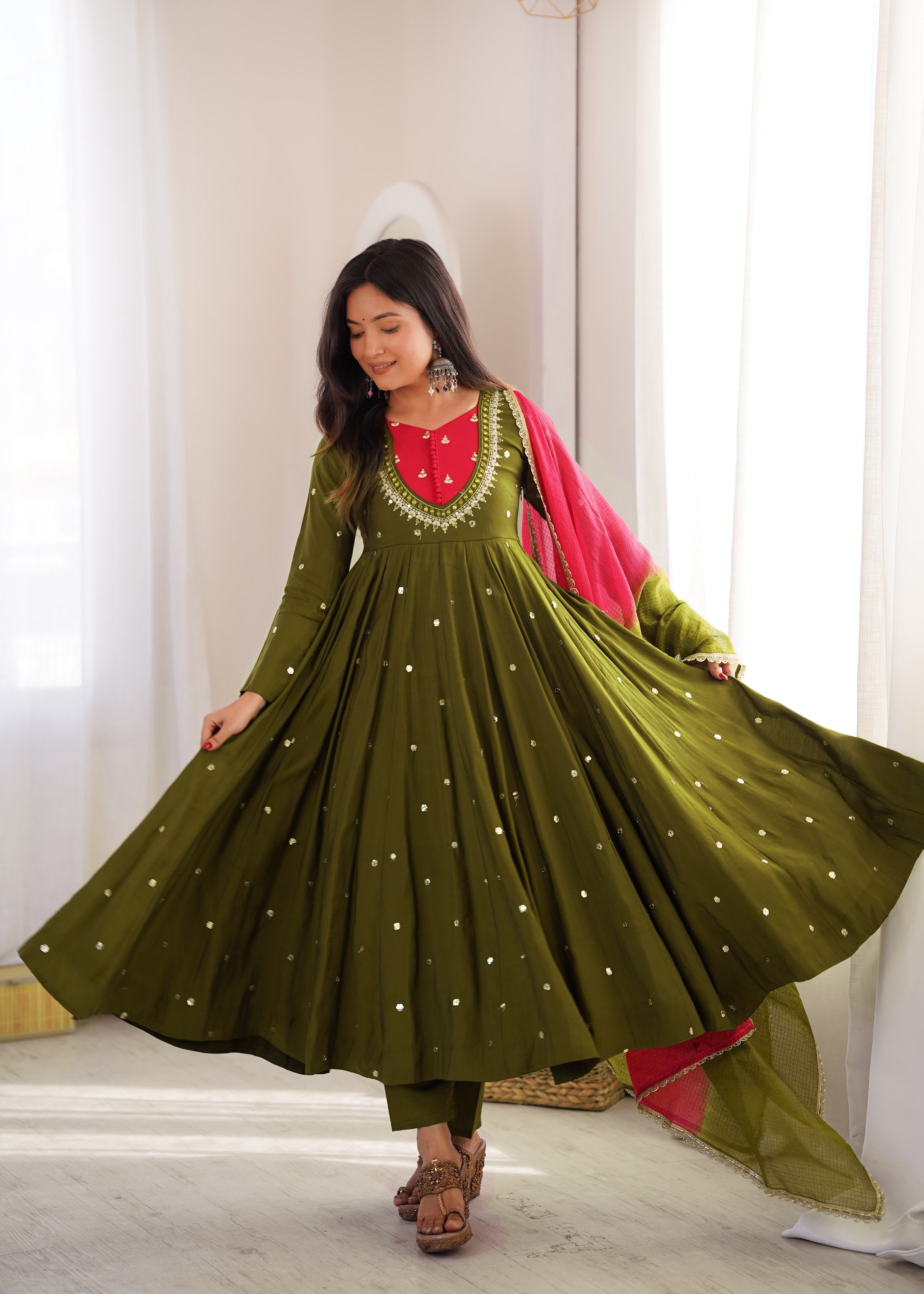 Green Roman Silk Embroidery Work Suit Set