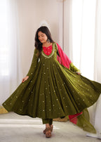 Mehendi Roman Silk Embroidery Work Suit Set