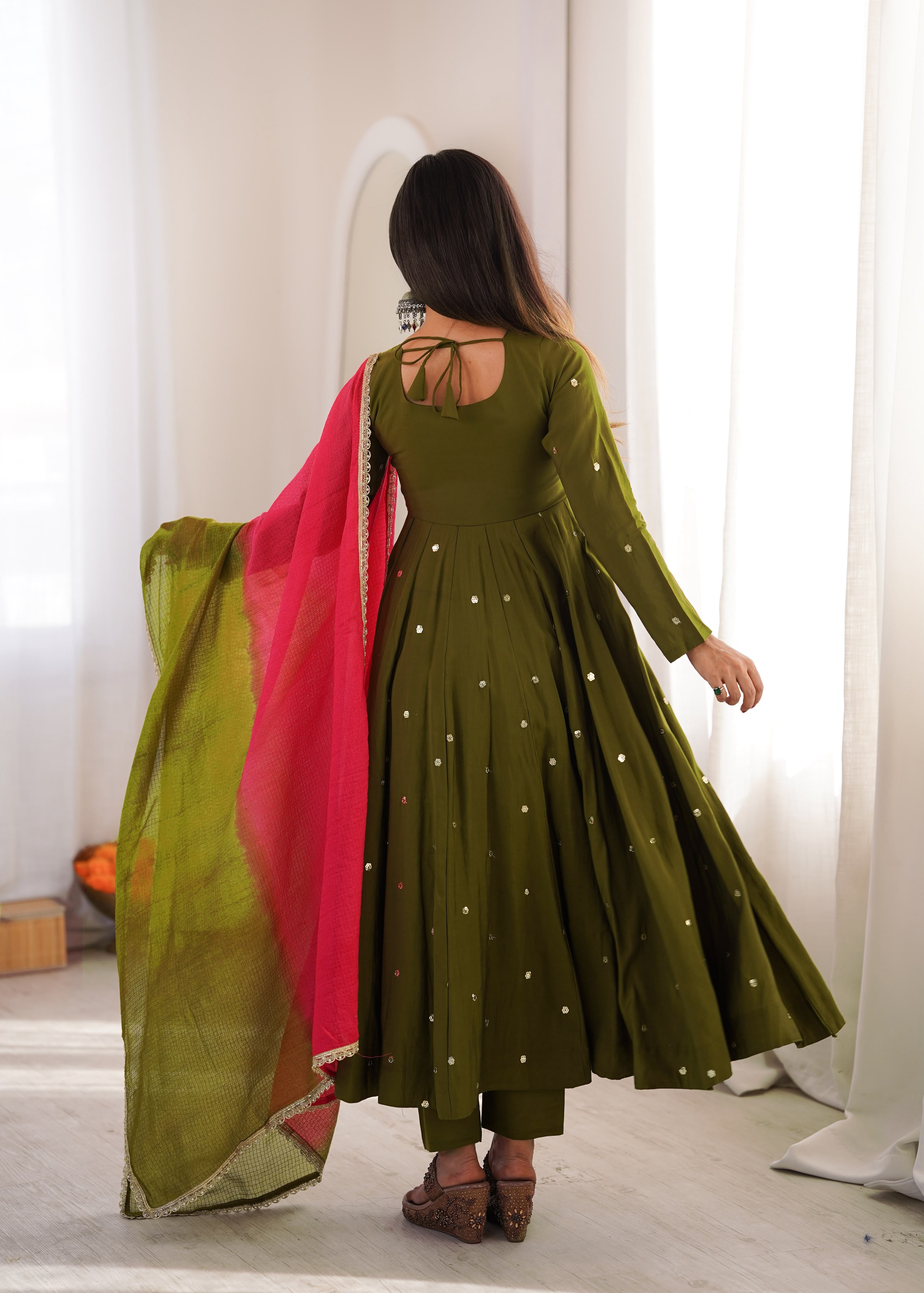 Green Roman Silk Embroidery Work Suit Set