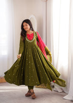 Mehendi Roman Silk Embroidery Work Suit Set