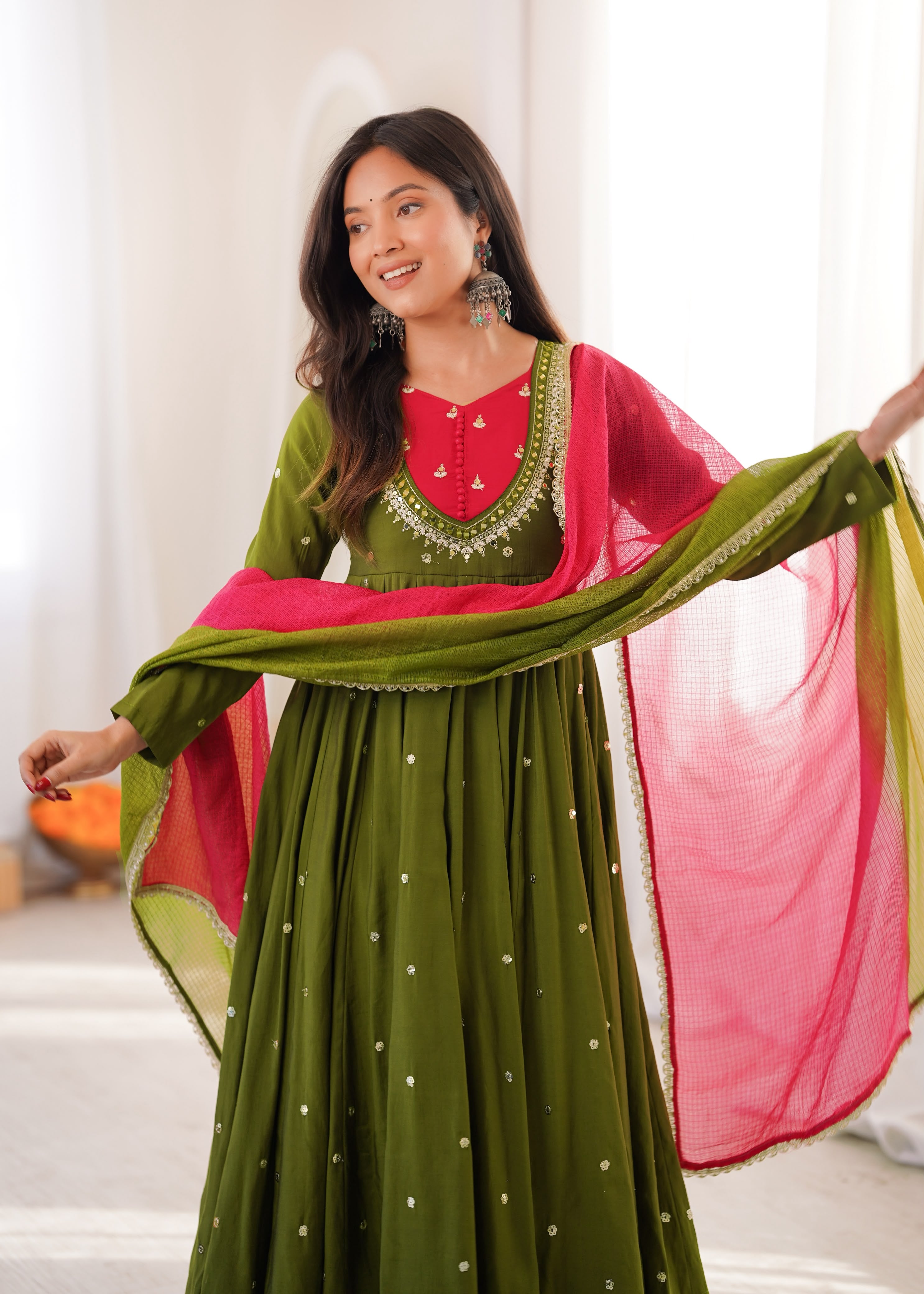 Mehendi Roman Silk Embroidery Work Suit Set