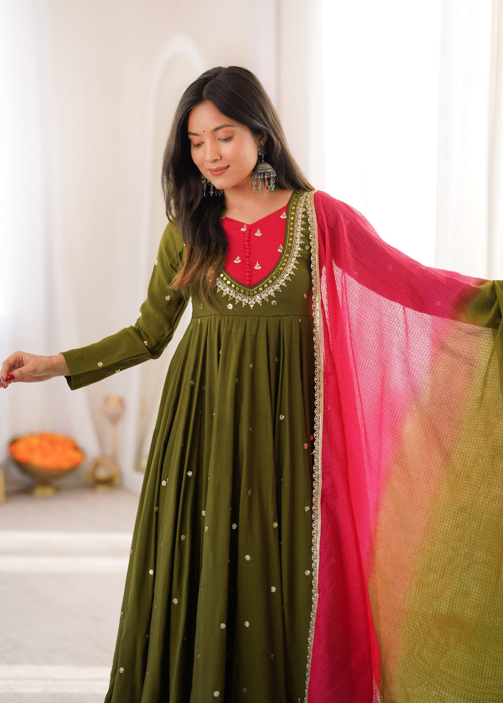 Green Roman Silk Embroidery Work Suit Set