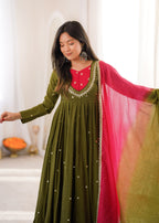 Green Roman Silk Embroidery Work Suit Set