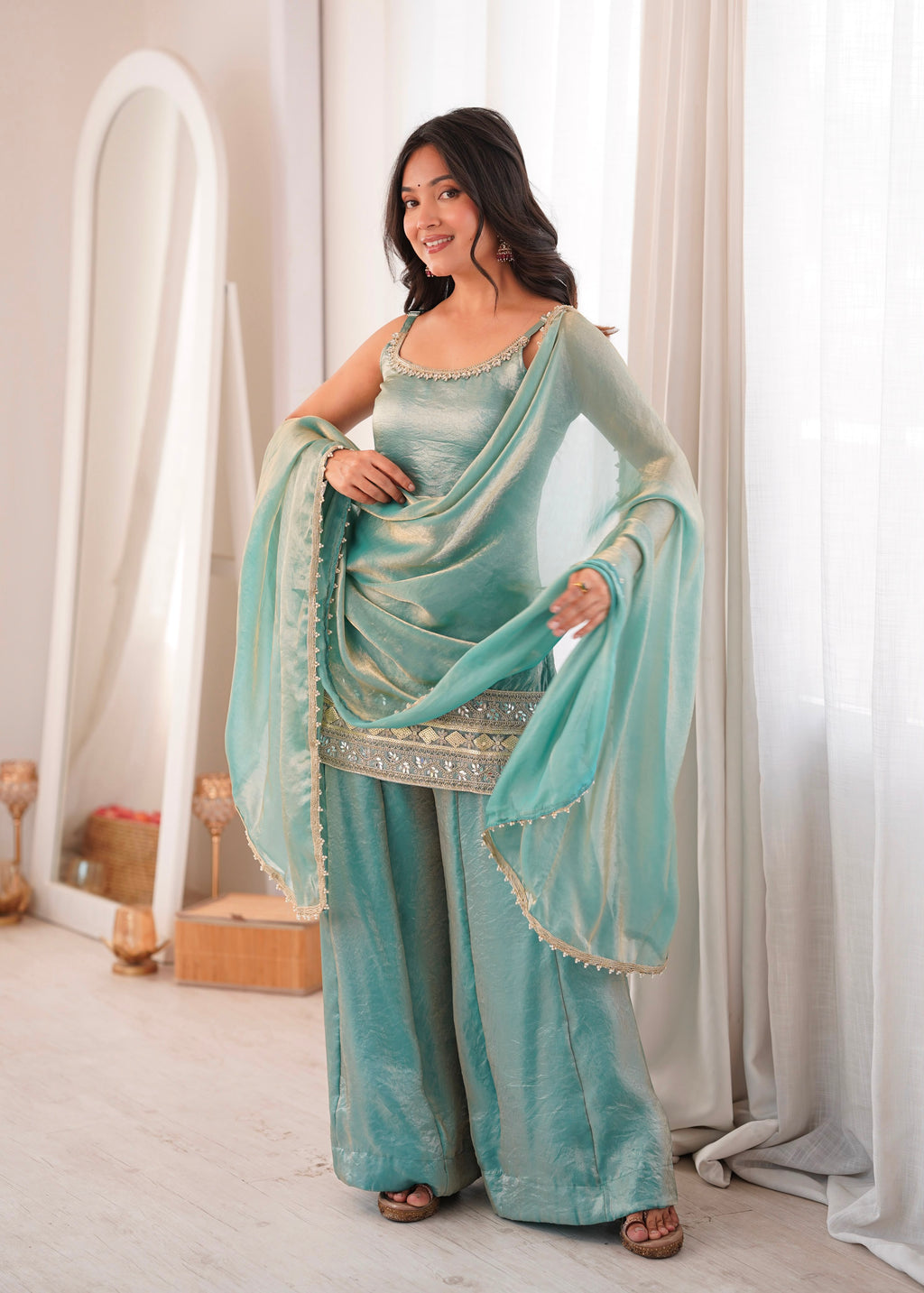 Premium Mint Green Embroidered Kurta Palazzo Suit Set for Women