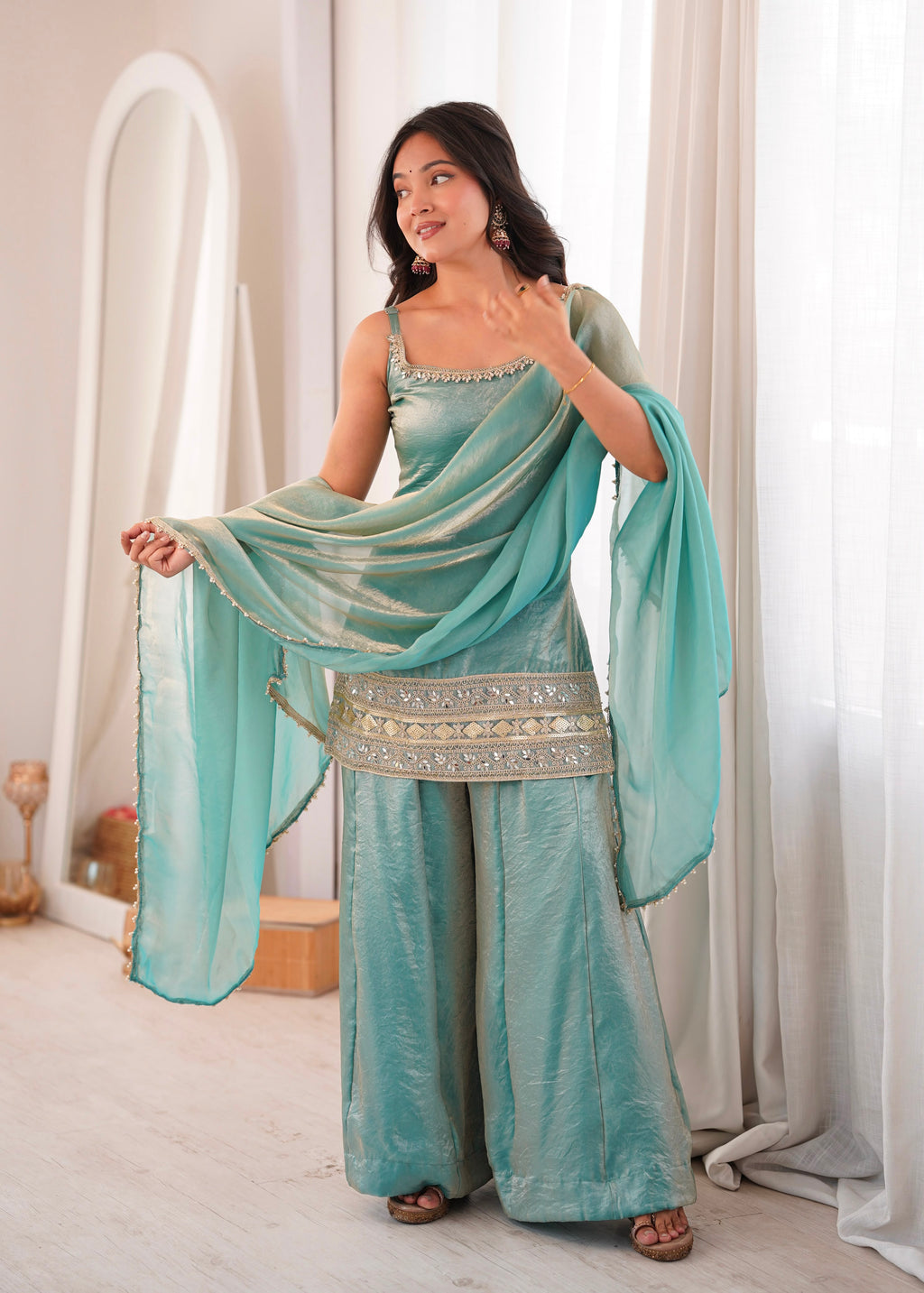 Premium Mint Green Embroidered Kurta Palazzo Suit Set for Women