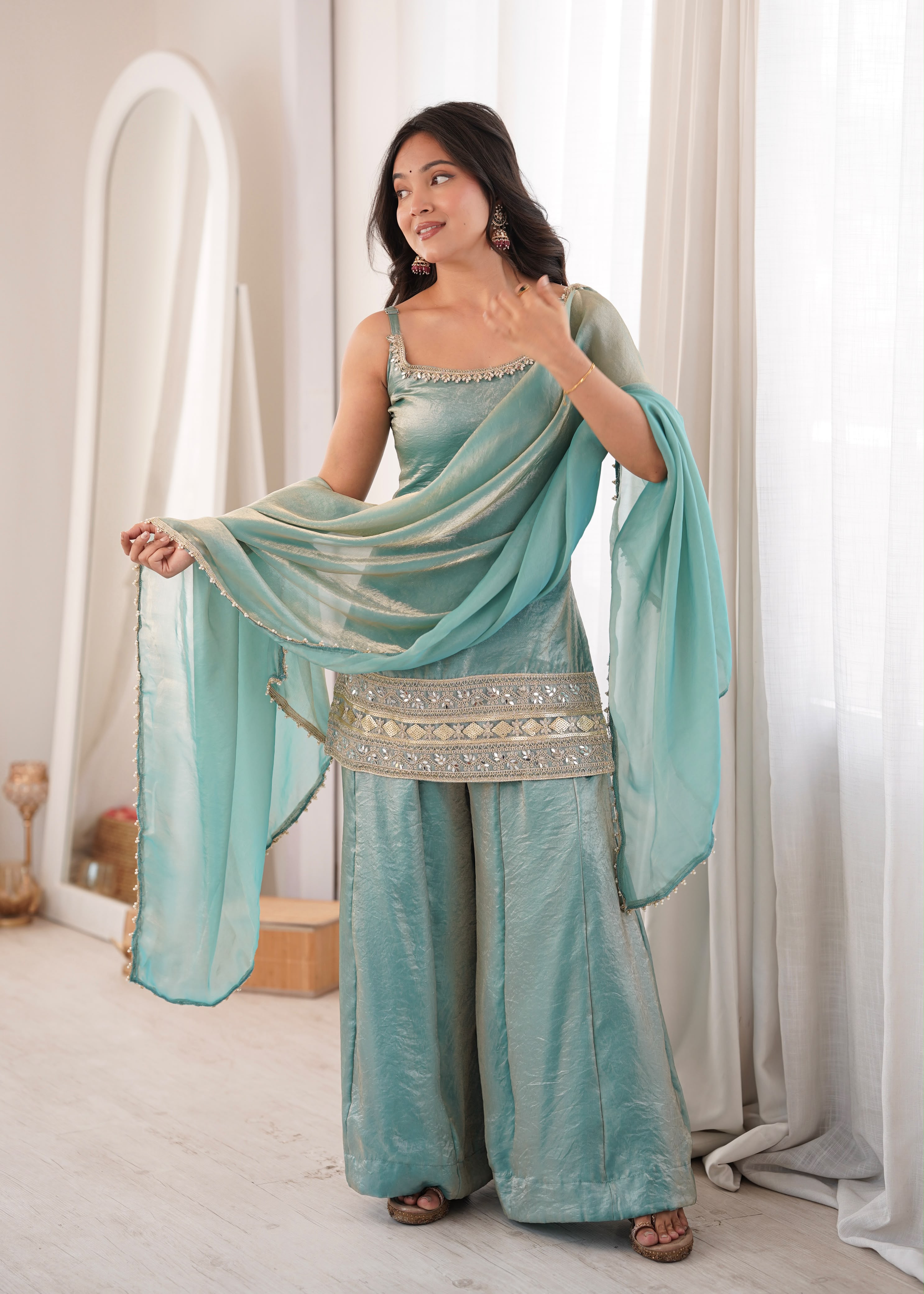 Premium Mint Green Embroidered Kurta Palazzo Suit Set for Women