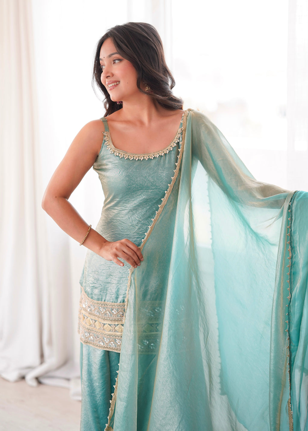 Premium Mint Green Embroidered Kurta Palazzo Suit Set for Women