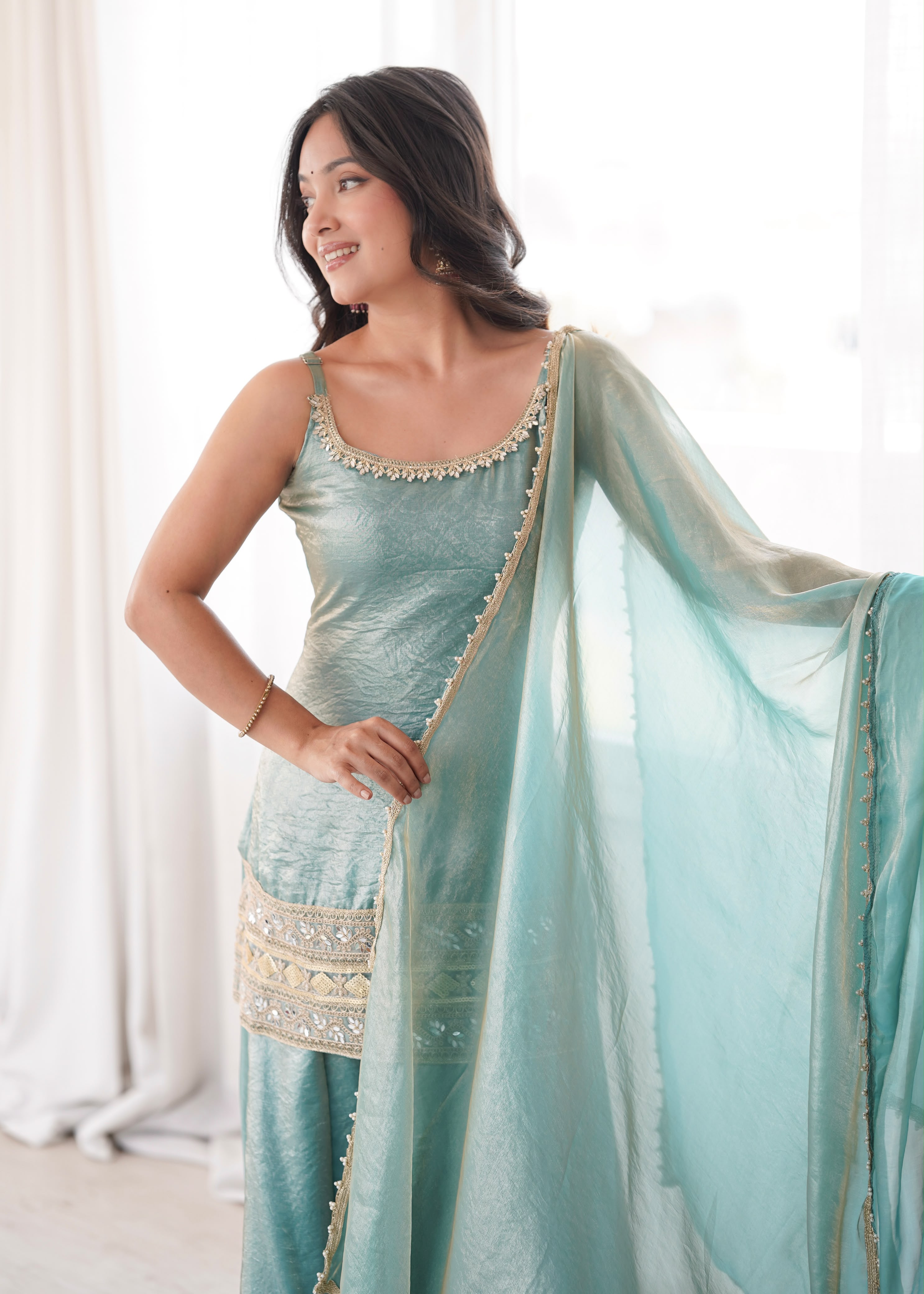 Premium Mint Green Embroidered Kurta Palazzo Suit Set for Women