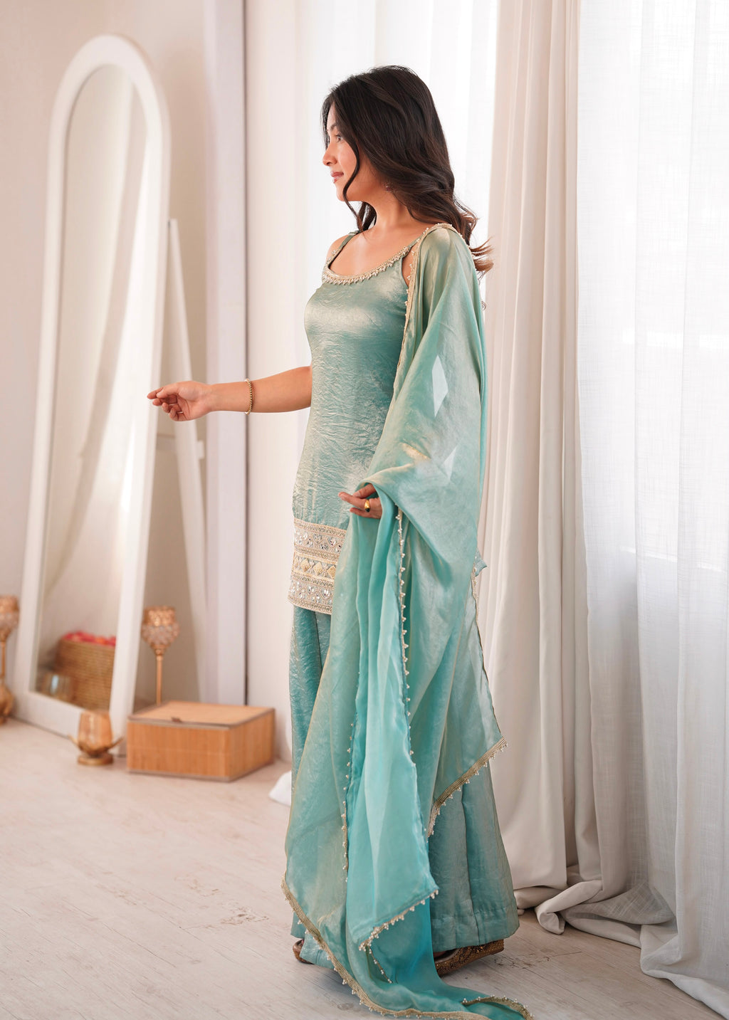 Premium Mint Green Embroidered Kurta Palazzo Suit Set for Women