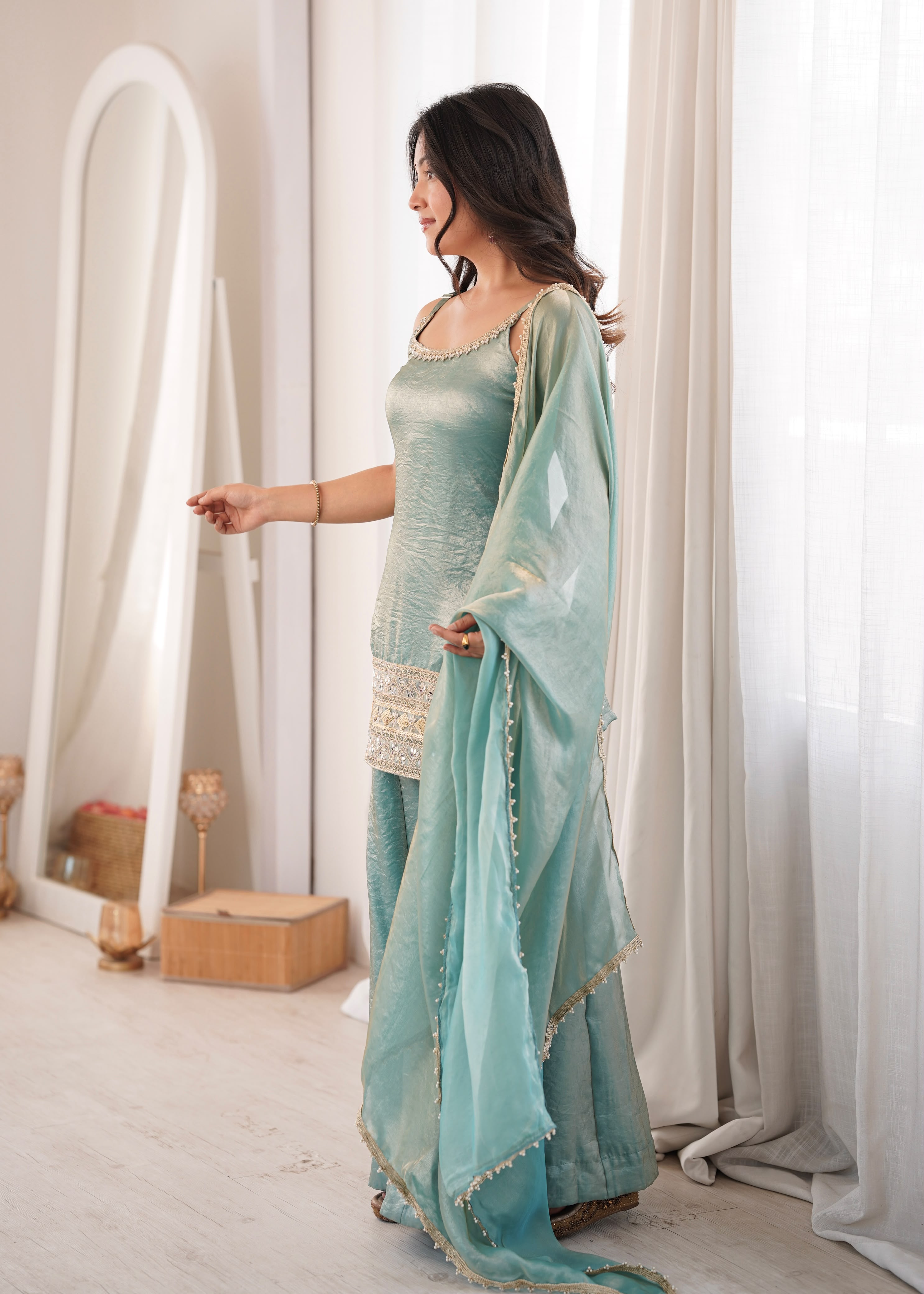 Premium Mint Green Embroidered Kurta Palazzo Suit Set for Women