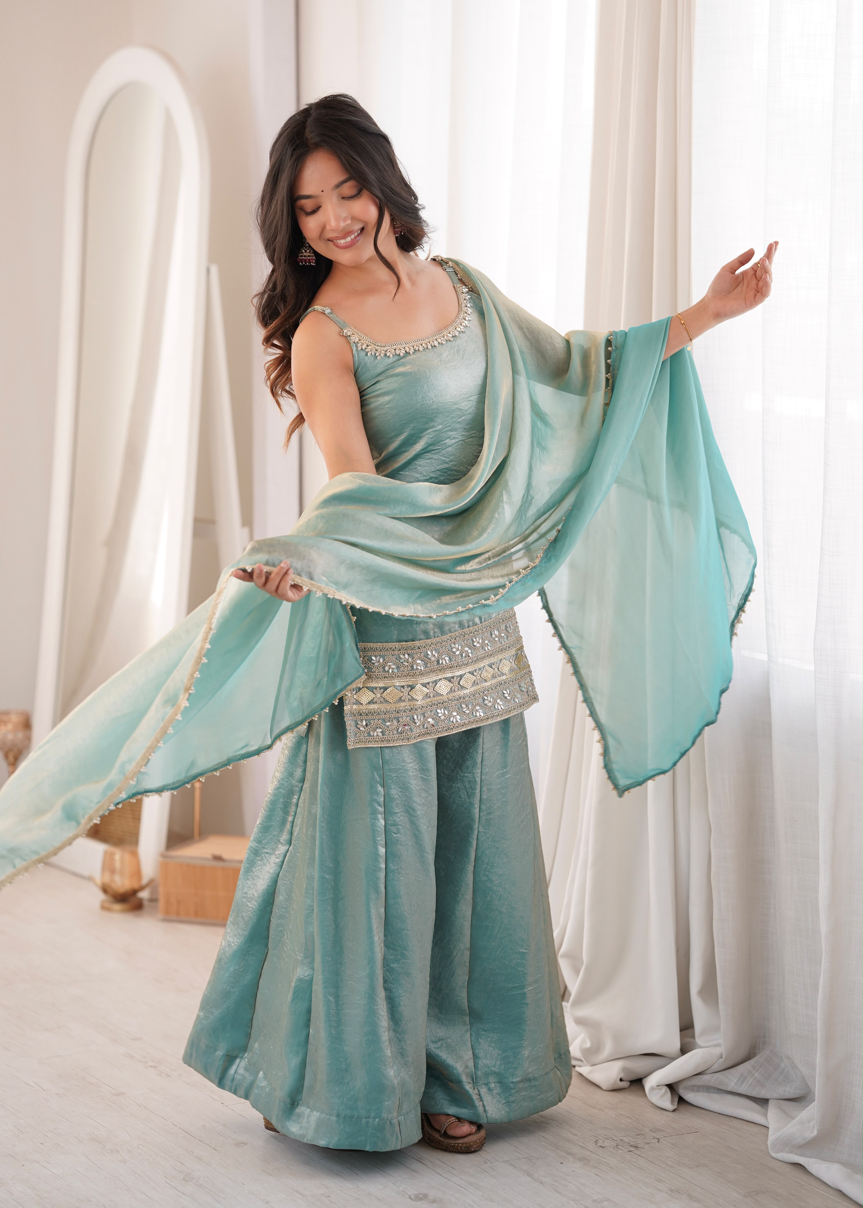 Premium Mint Green Embroidered Kurta Palazzo Suit Set for Women