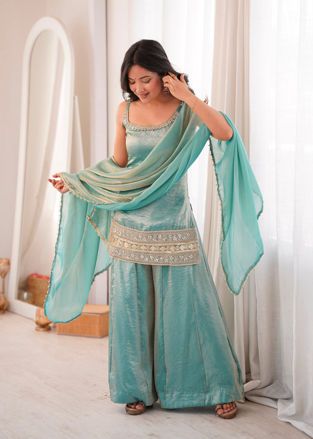 Premium Mint Green Embroidered Kurta Palazzo Suit Set for Women