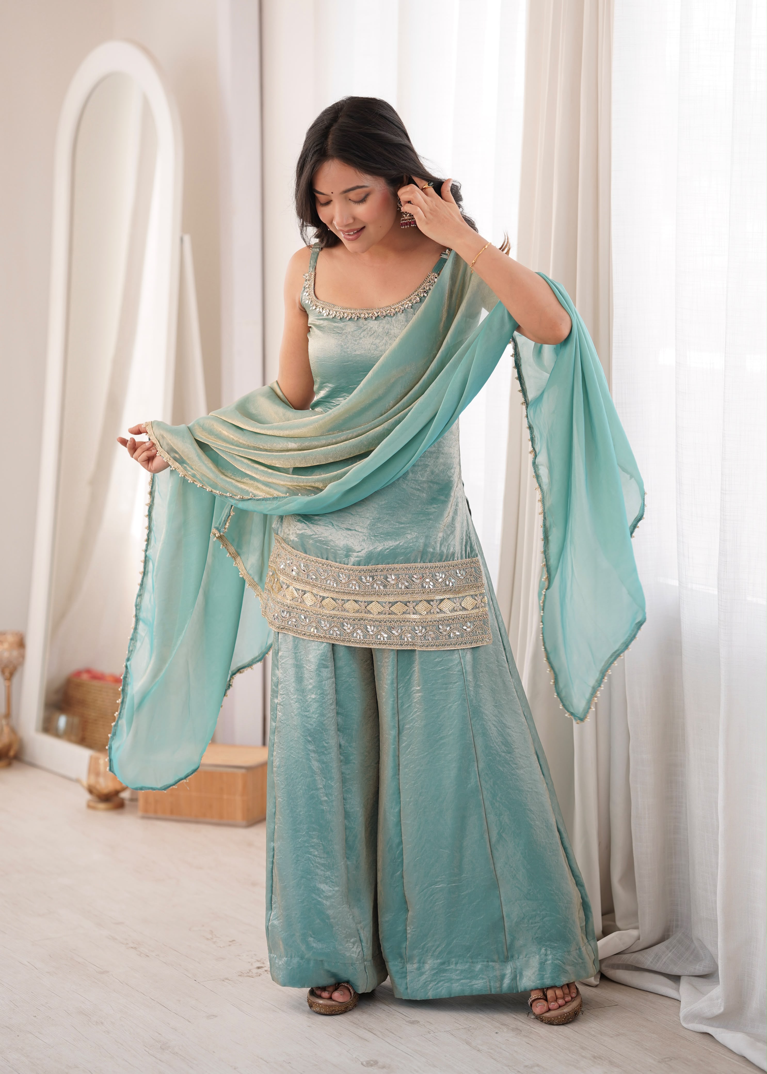 Premium Mint Green Embroidered Kurta Palazzo Suit Set for Women